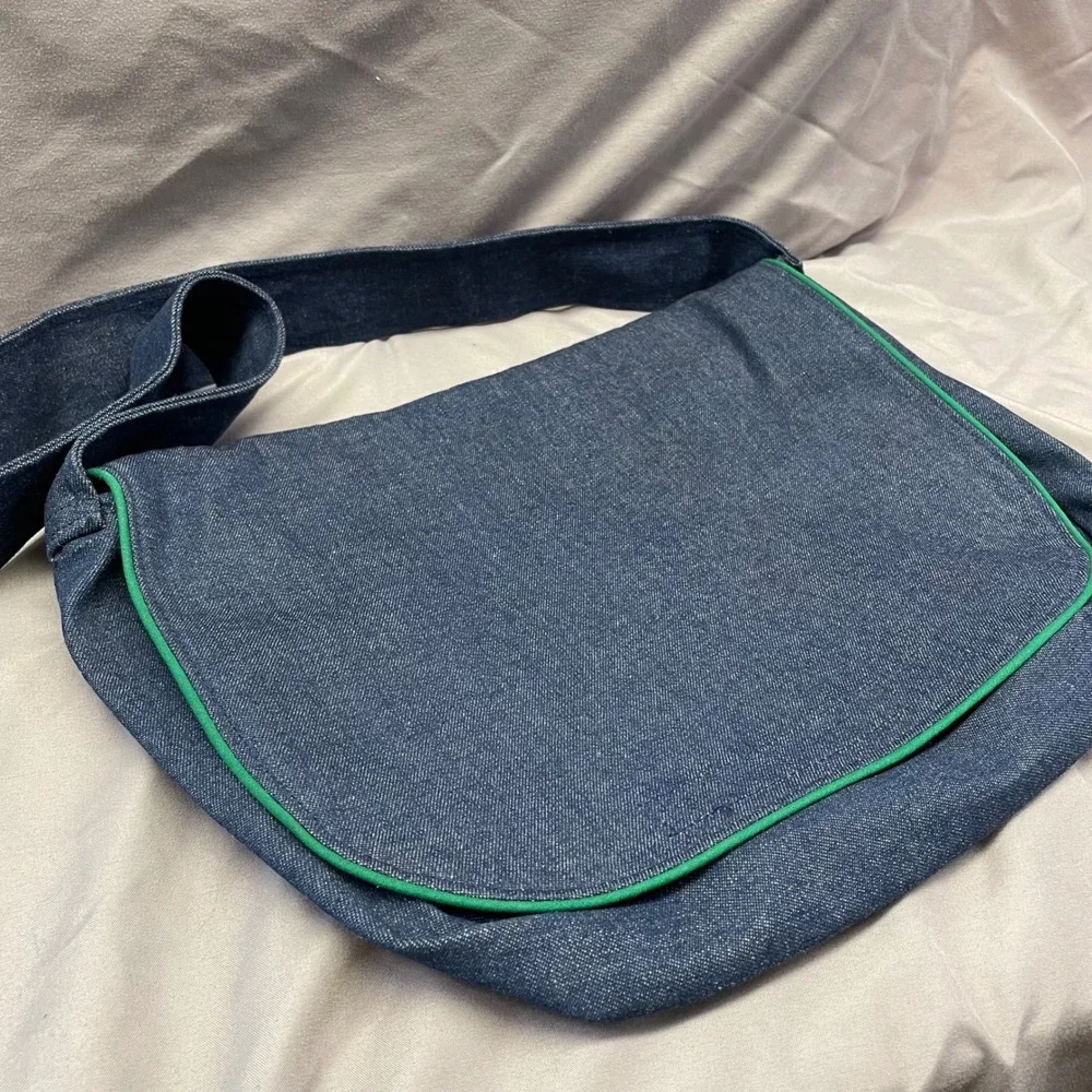 Unbranded Dark Wash Denim Messenger Bag Green Piping Y2K‎ Crossbody Large